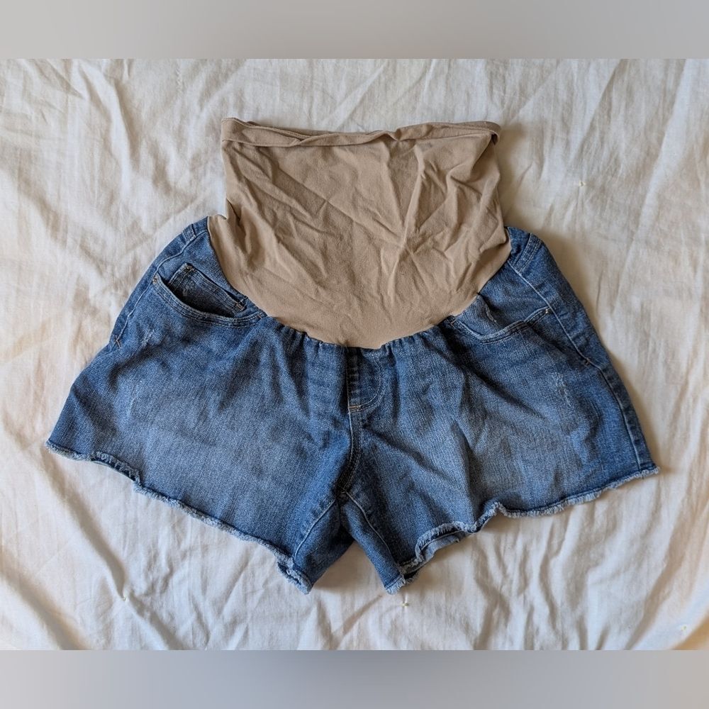Motherhood Beige Maternity Panel Blue Denim High Waist Shorts